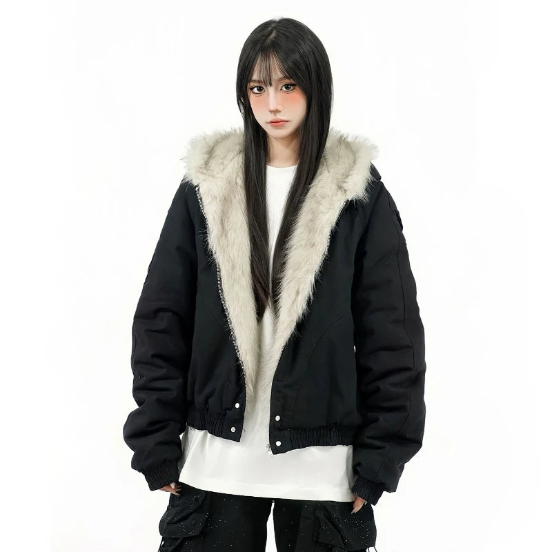 winter new American retro wool collar thickened cotton jacket for men and women same style workwear fashion zipper hoodie jacket