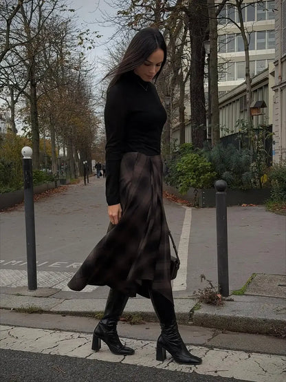 Casual Brown Plaid Midi Skirts Woman Fashion High-waist A-line Pleaded Skirts Party Daily Outdoor Trendy Attire 2026 Spring New