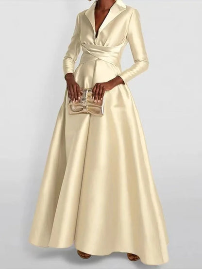 Elegant solid color Long Sleeves Evening Dress Women's Party Gown V-Neck high Waist Maxi Dresses For Wedding Prom 2026 new