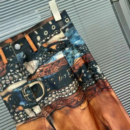 DEAT Fashion Women's 3D Printing Retro Color Painting Jeans High Waist Contrast Color Denim Pants Female Trendy New 11A03696