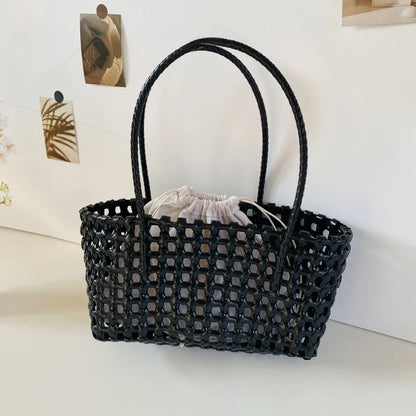 1pcs Plastic Hollow Weave Bag Countryside Style Large Capacity Beach Tote Bag Bucket Bag Bohemian Style Woman PVC Handbag Summer