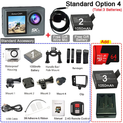 Action Camera 5K 4K60FPS Dual IPS Touch LCD EIS 170° 30M Waterproof 5X Zoom Sport Camera Optional Wireless Mic & Remote Control