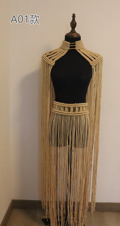 Hand Crochet Knitted Women Bikini Cover Ups 2023 Summer Holiday Tassel Beach Bathing Suit Sexy Hollow Out Skirts Matching Set