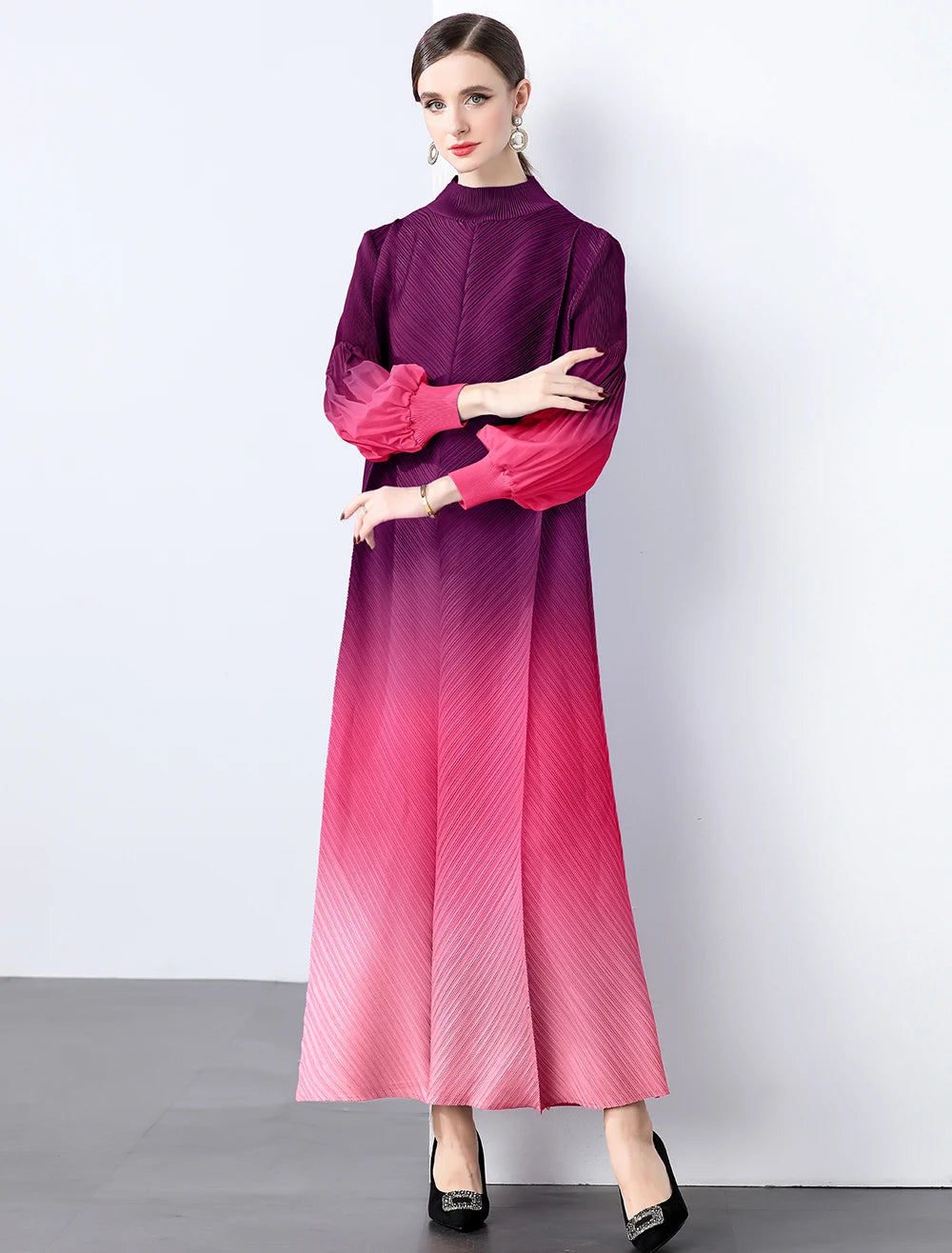 Miyake Wrinkles Pleated Printed Chiffon Maxi Dresses Middle Eastern Clothing Women Loose Women High Neck Long Sleeves Stitching