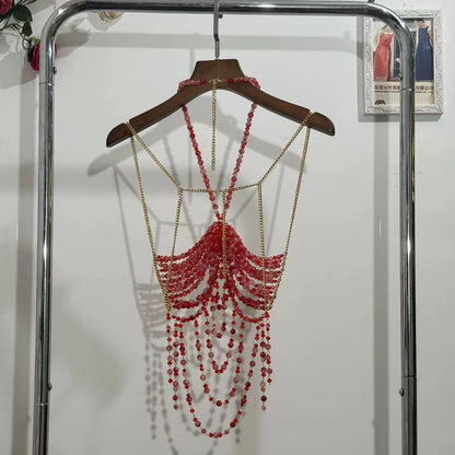 2025 New Women's Necklace Beaded Vest Hollow Out Top Jewelry Exaggerated Pearls Neck Bra Fashion Bra Women's Club Carnival