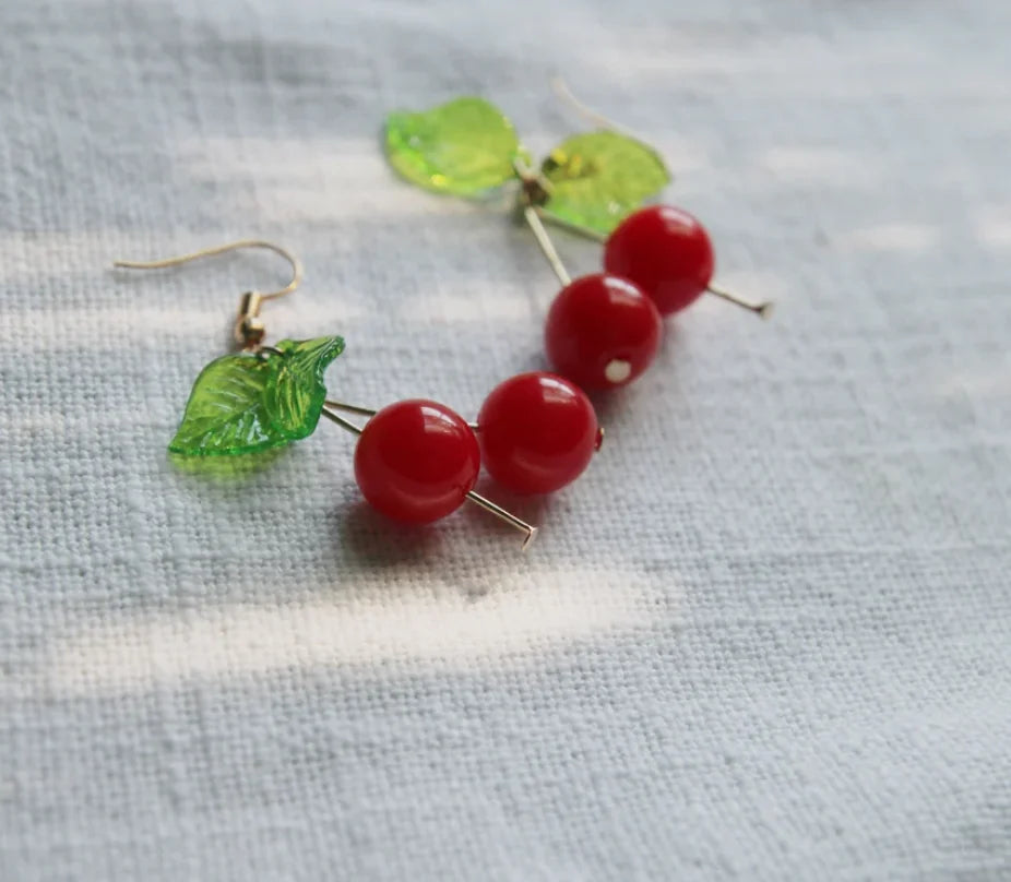 Handmade Cherry Earrings : Gold Cherry Earrings, Berries Earrings, Dangle Earrings