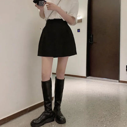 Lucyever Black White High Wiast Puffy Short Skirts Women All-Match Y2K Pocket A-Line Skirt Female Korean Work Style Suit Skirt