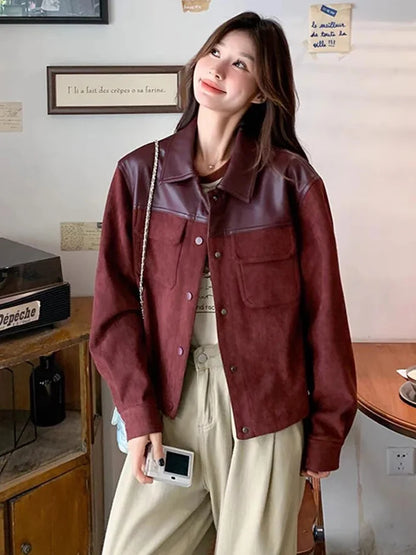 Jmprs Retro Streetwear Jackets Women Pu Patchwork American Coat Fall Winter Long Sleeve Harajuku Vintage Bf Burgundy Casual Tops