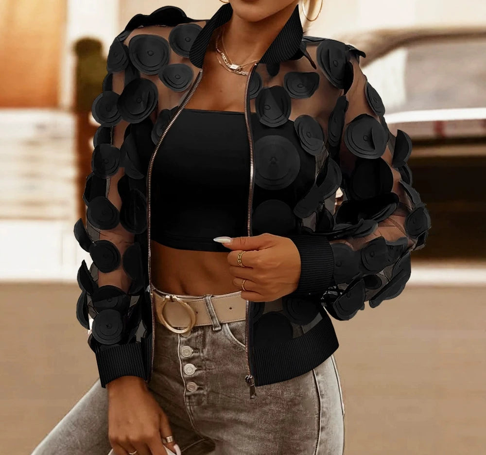 Cardigan Jacket Women New Autumn Latest 2025 Floral Pattern Sheer Mesh Baseball Collar Zip Up See Through Jacket Open Front Coat