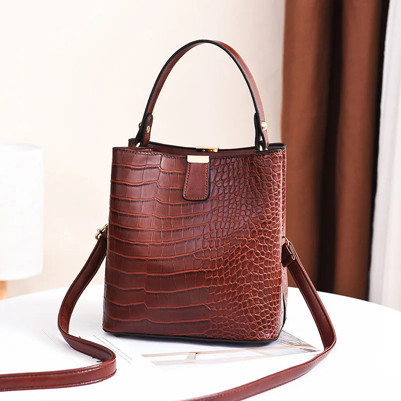 Vintage Stone Leather Handbag Shoulder Crossbody Bags Fashion Female Bucket Bag Large Capacity Women Tote Bag