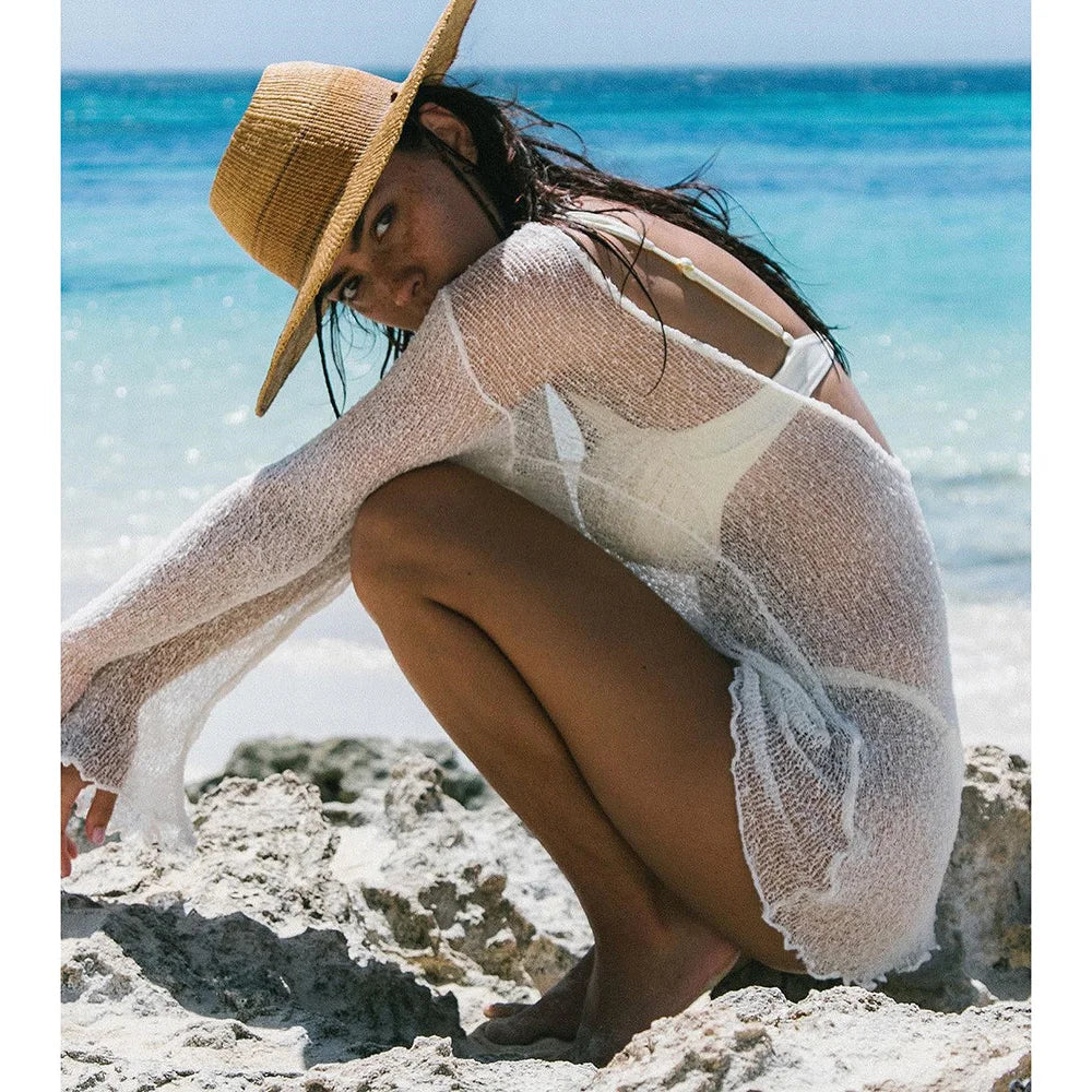 2024 Bikini Cover-ups Knitted Sexy See Through Bodycon Mini Dress Women Summer Long Sleeves Beach Cover Up Backless Beachwear