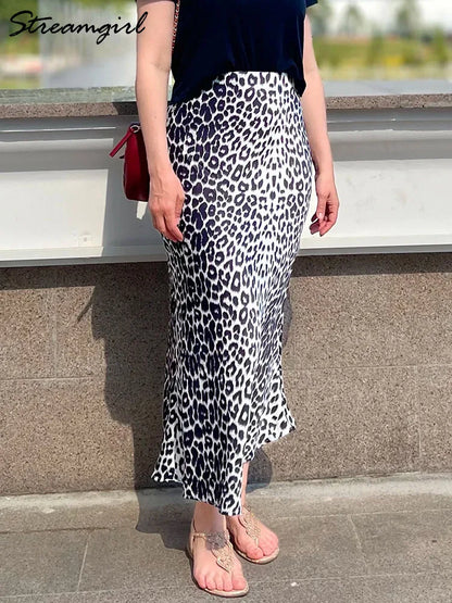 Long Leopard Print Skirts Women Satin Summer Office Elegant Maxi Zipper Skirt Satin Silk Fashion Fishtail Skirt Women Summer