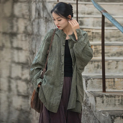 Johnature Women Vintage Ramie Shirt Jackets Stand Long Sleeve High Quality Coats 2025 Autumn New Button Loose Women Jackets