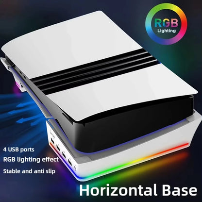 Horizontal Stand for Ps5 Pro Digital and Optical Drive Version Console with 14 Light Mode 4 USB Hubs Storage Display Stand