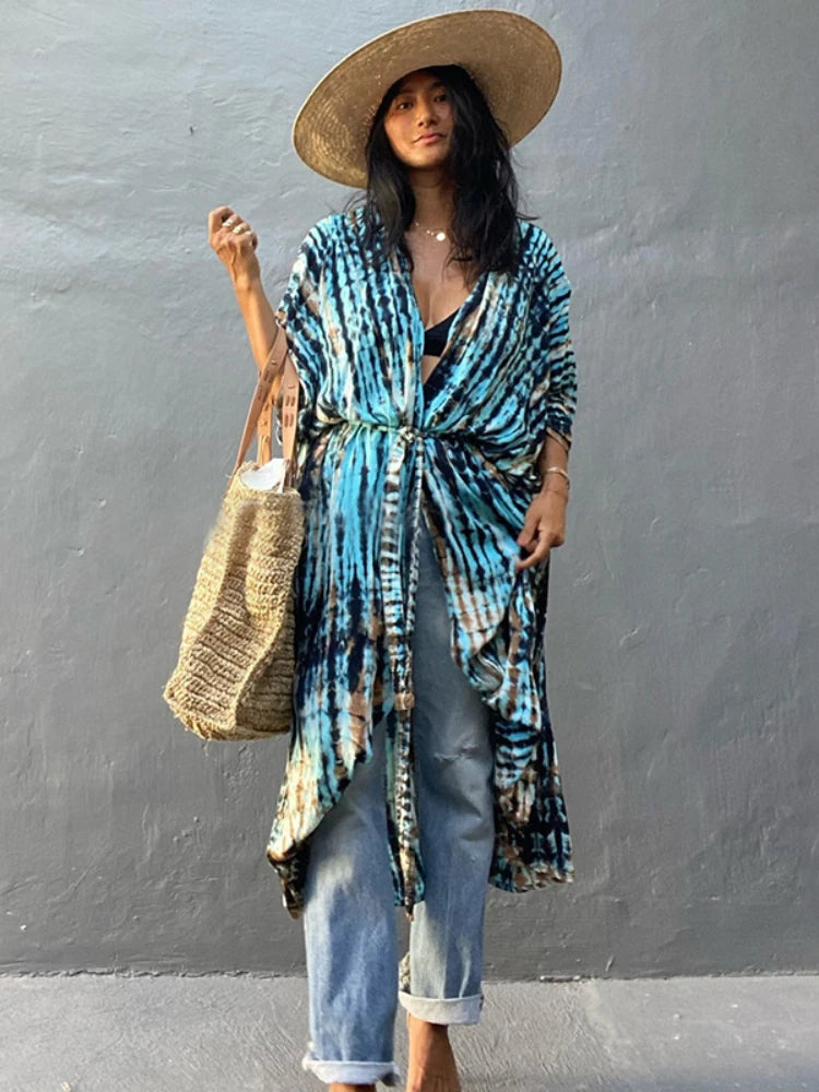 Bikini Cover Ups for Swimwear Women Printed Beach Kimono Self Belted Loose Wrap Beachwear Bathing Suit Dropshipping 22 Colors