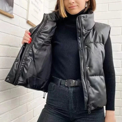 Autumn Winter PU Leather Coat Women Black Stand Collar Vests Women Fashion Zipper Elegant Short Vests Female Ladies