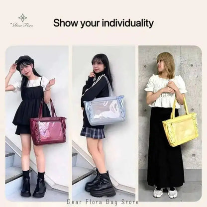 Japanese Sweet Women Ribbon Ita Bag Cute Lolita Girl Transparent Handbags Fashion Large Capacity Tote Bag Aesthetic Shoulder Bag