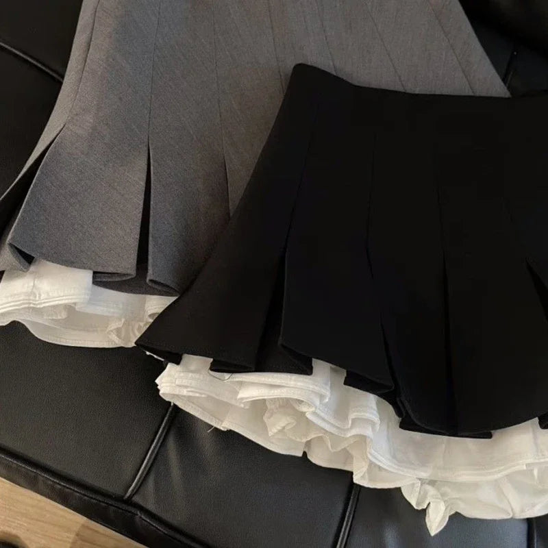 Y2K Ruffles Black Mini Skirt Women Korean Patchwork Pleated Skirts Japanese Kawaii High Waist All Match A Line Skirt New