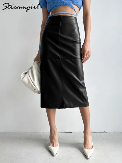 Beige Leather Skirts Midi Women Office Autumn Winter Straight PU Bodycon Skirts Ladies High Waist Slit Leather Skirts For Women