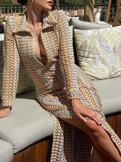 2024 New Fashion Women's Summer Crochet Long Dress Deep V-Neck Long Sleeve Thigh Slit Slim Beach Dress