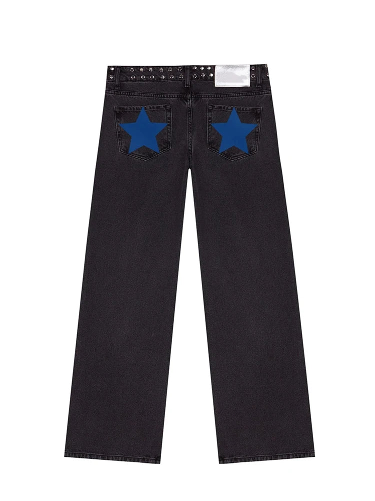 Y2K Vintage Jeans Women High Waisted Denim Pants Five Pointed Star Print Harajuku Street Baggy Casual Straight Leg Trousers