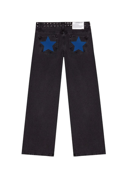 Y2K Vintage Jeans Women High Waisted Denim Pants Five Pointed Star Print Harajuku Street Baggy Casual Straight Leg Trousers