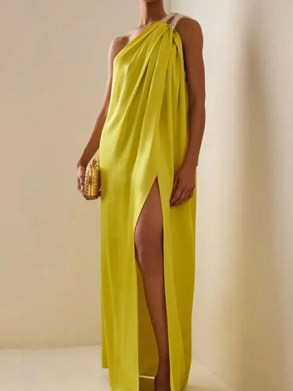 Missuoo Women's Party Dresses 2025 Summer New One-shoulder Sleeveless Maxi Dress Solid Color Split-side Pleated Evening Dress
