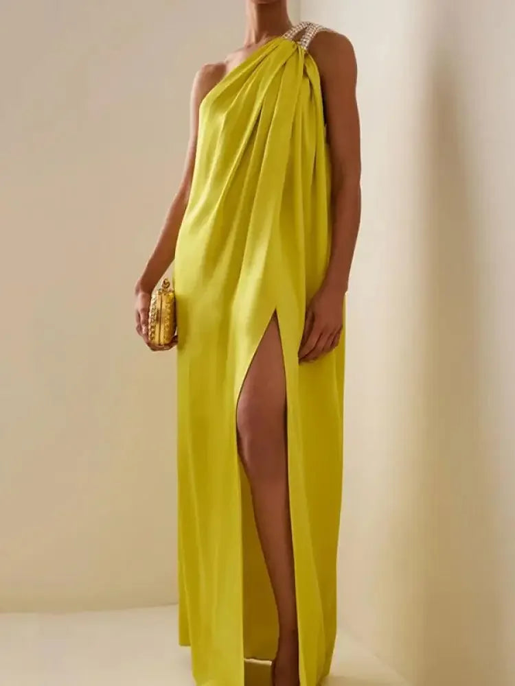 Missuoo Women's Party Dresses 2025 Summer New One-shoulder Sleeveless Maxi Dress Solid Color Split-side Pleated Evening Dress