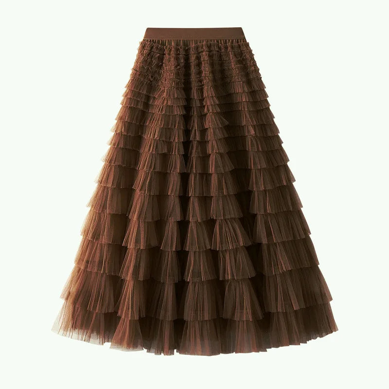 New Arrival 2025 Tulle Cake Long Skirt Women Spring Summer Ruffle Pleated A-Line Chic Skirt Ladies Sweet Black White Tutu Skirts