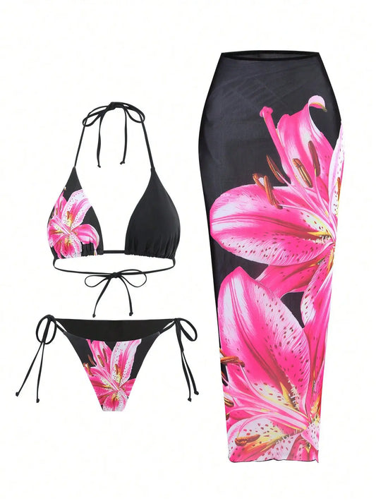 2025 New Flower Print Bikini Set Women's High Waist Long Skirt 3 Piece Swimsuit Sexy Mini Triangle Backless Thong Bathing Suit