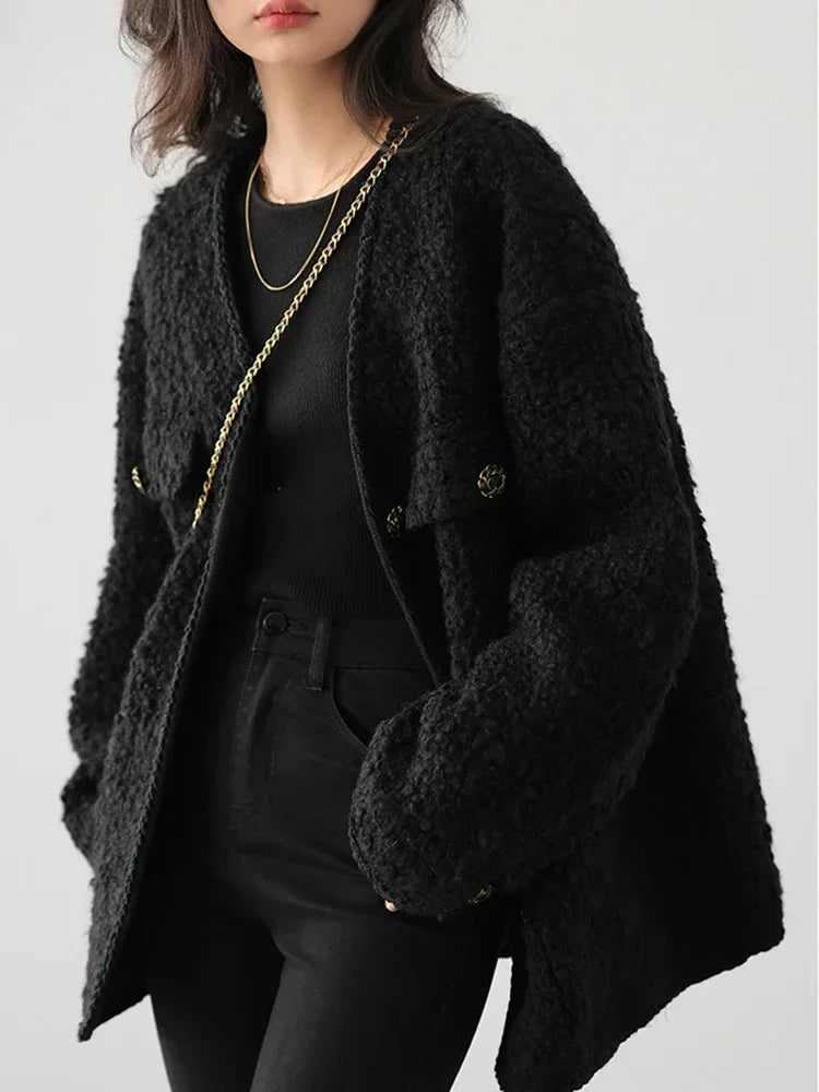 CHIC VEN Fashion Women's Wool Coat Single Breasted Vintage Jacket V-Neck Office Lady Overcoat Female Tops Spring Autumn 2023