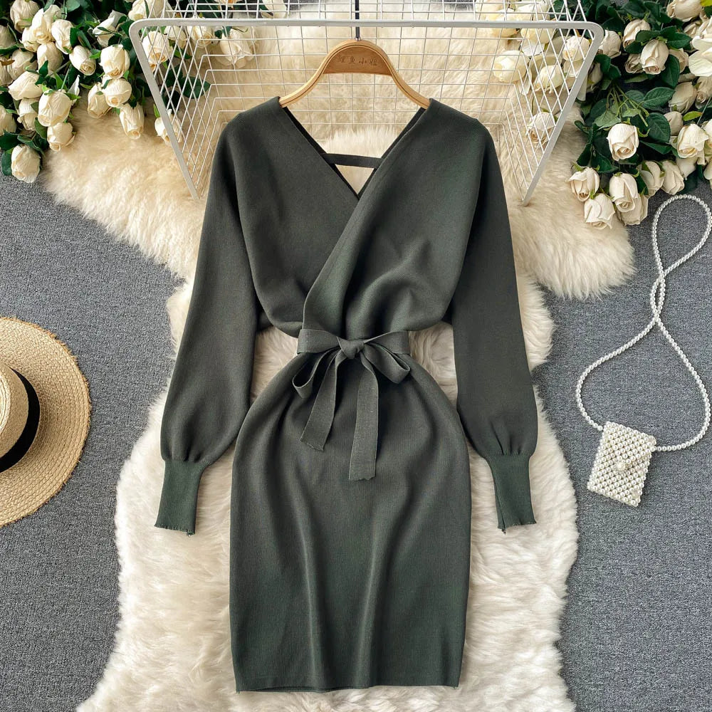 YuooMuoo Women Dress 2025 Autumn Winter Elegant Sash Bandage Bodycon Mini Dress Chic Fashion Y2K Knitted Ladies Dresses Party