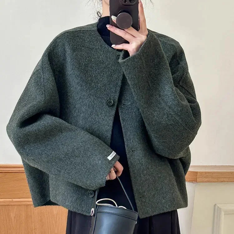 Loose Women's Jacket Grey Smoke New Autumn Winter Fashion Short Style Coat Casual Chic Style Chinese Brand Women's Outerwear