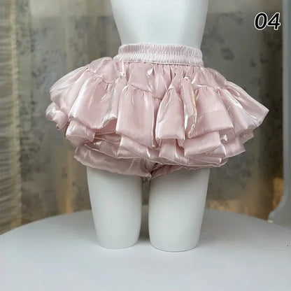 Sweet Elastic Waist Short Skirt Chic Ruffle Cake Princess Satin Puffy Skirt