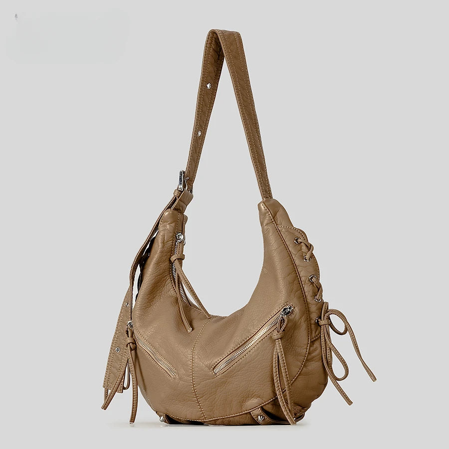Strappy Punk Style Motorcycle Underarm Bag for Women Messenger Bag Large Capacity Soft PU Leather Female Shoulder Bag Handbag