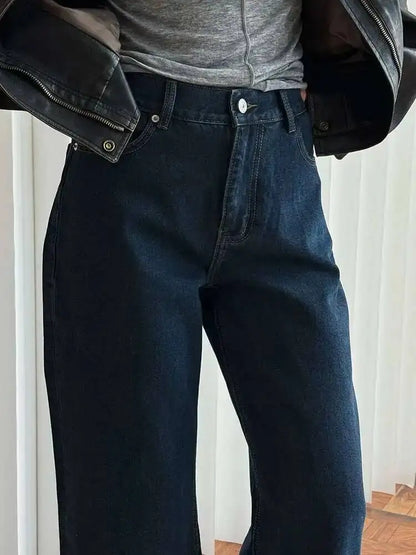 [LANMREM] Office Lady Jeans For Women High Waist Straight Dark Blue Fit Denim Pants Fashion Trousers 2025 Autumn New 26C859