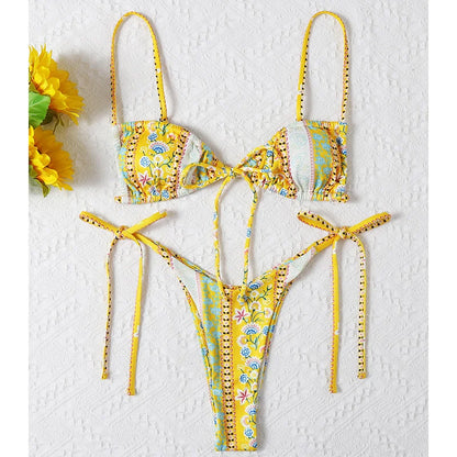 BIQIUYYI New Floral Print String Bandage Bikinis Triangle Cup Push Up Swimsuit Women Bathing Suit Beachwear Halter Swimwear XS