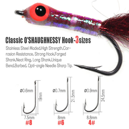 6pcs Luminous 3D Fish Eye Epoxy Minnow Streamer Fly Stainless Steel Hook Ice Dubbing Tail Saltwater Fishing Trout Bass Lure Bait