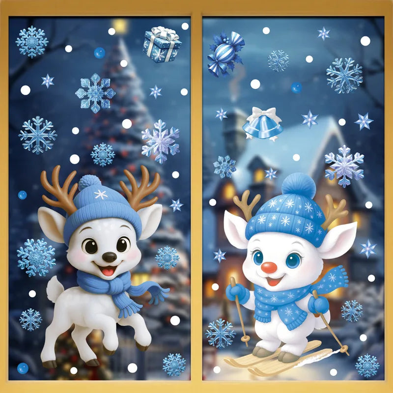 Santa Claus Stickers Blue Snowman Window Decorations Glass Static Stickers Christmas Decorations Snowflake Window Stickers