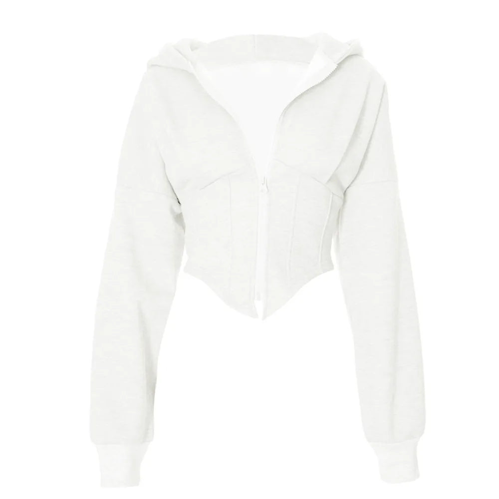Soft Solid Color Hoodies Women V Shape Lower Hem Streetwear Cardigan Crop Top Fish Bone Long Sleeve Hooded Coat Spring