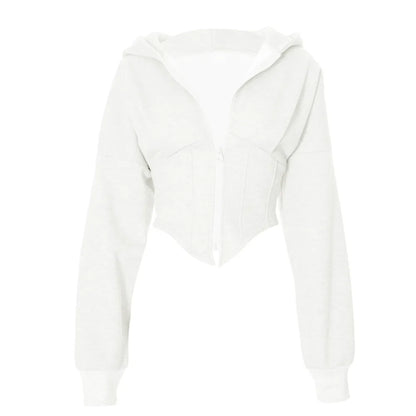 Soft Solid Color Hoodies Women V Shape Lower Hem Streetwear Cardigan Crop Top Fish Bone Long Sleeve Hooded Coat Spring