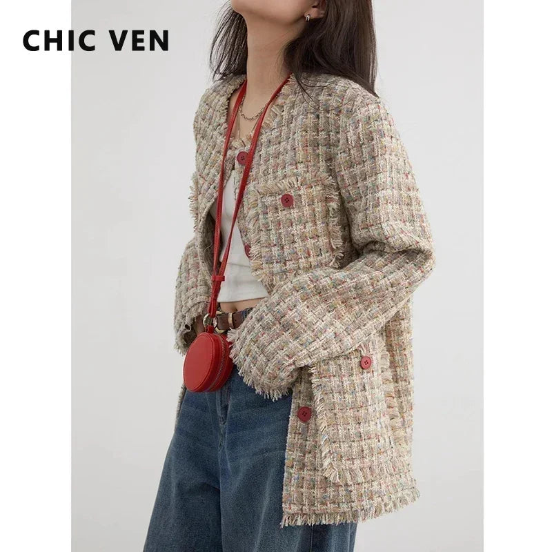 CHIC VEN Women Coat Single Breasted Retro Loose Jacket Frayed Edge Design Female Top Office Ladies Clothing Autumn Winter 2024