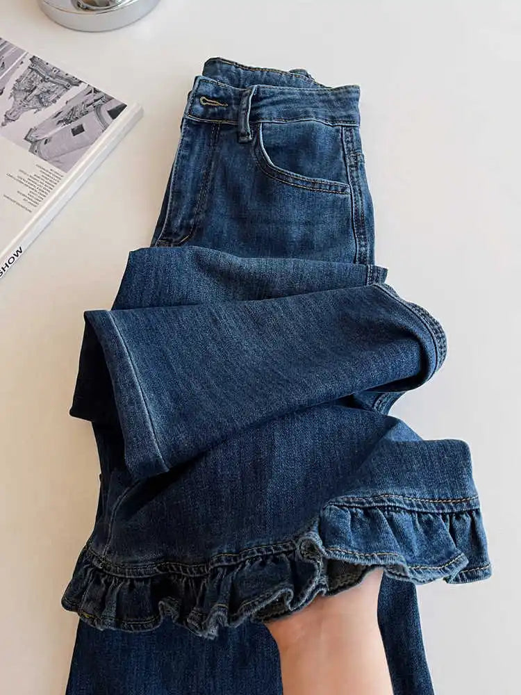 2025 Autumn Winter Women Korean Shoujo Flare Denim Pants Ruffle Blue Vintage High Street 2000s Jeans Y2k Kpop Bell Bottom Design