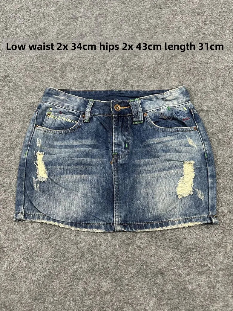 Sexy American Vintage Low Waist Denim  Skirt for Students Z4 Antiquing Y2K Trendy ort Skirt with Handmade Ripped And Fo...