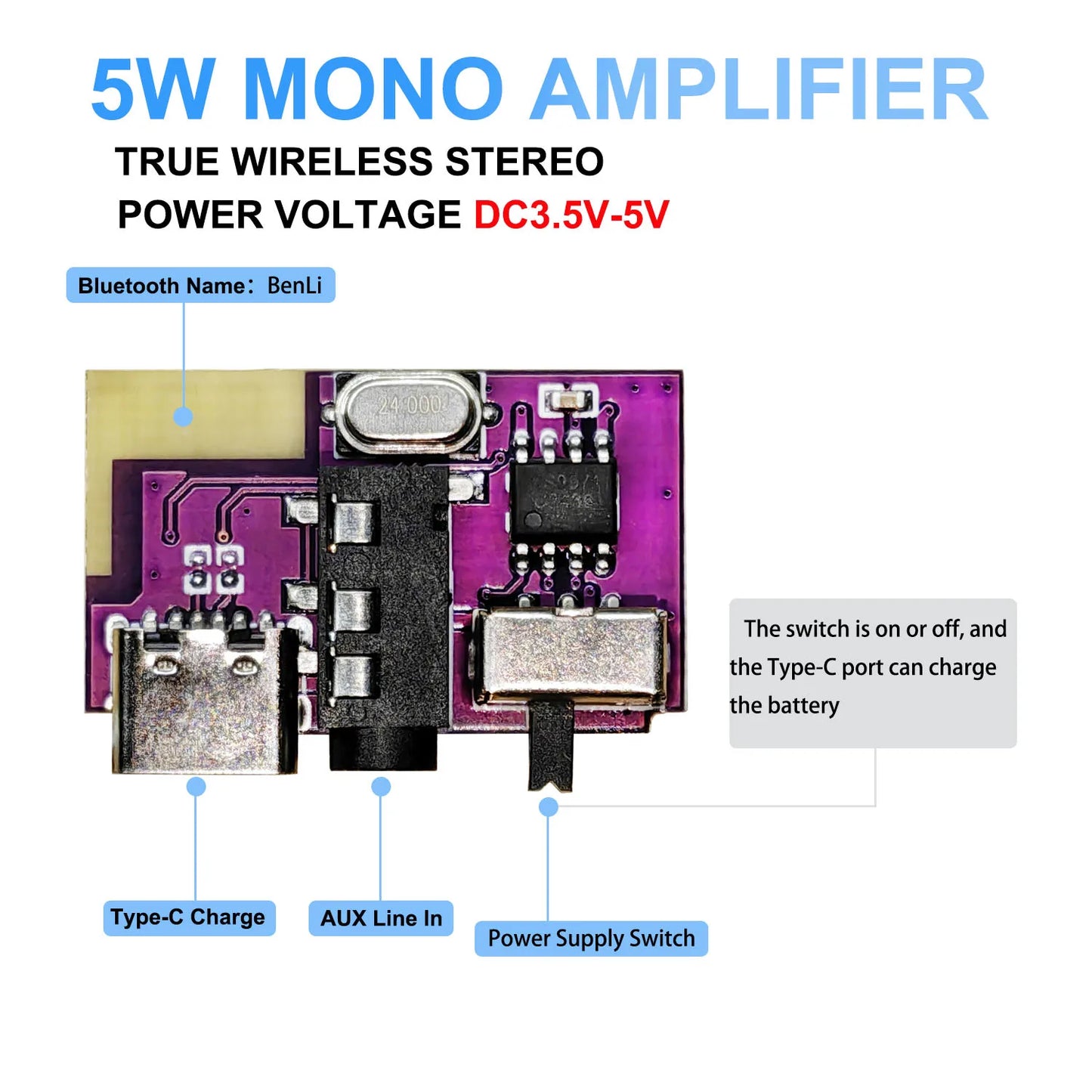 DC 3.5V-5V 5W Bluetooth 5.4 Mono Amplifier Decoder Board MP3 Player TWS 3.5mm AUX Module Receiver DIY Handmade Speaker