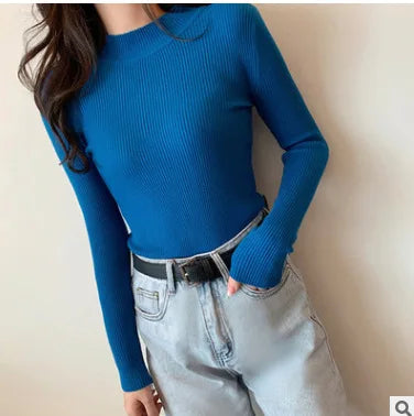 2026 Autumn Basic Bottoming Sweater Top Women Ribbed Soft Mock Neck Elastic Pullover Warm Solid Color Slim Jumper