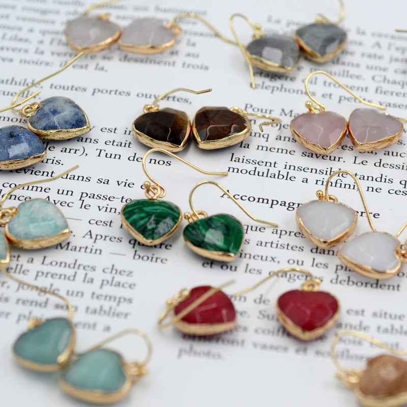 Peach Heart Earrings Natural Stone Earrings Women's Heart Gold Plated Edging Jade Earrings Gifts