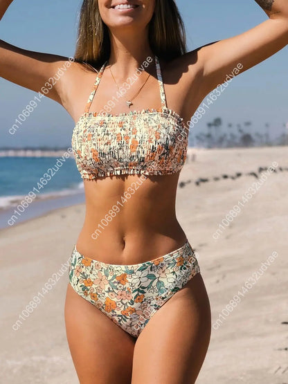 Bikini Set For Women Two Piece Swimsuit Bandeau Top Back Tie Mid Waisted Bottom With Removable Shoulder Straps