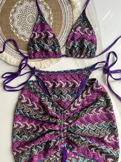2025 Women Swimsuit Colored Maple Leaves Knitted Bikini Skirt Three-Piece Set Split Swimsuit Bikini