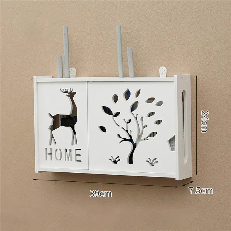 Large Wireless Wifi Router Shelf Storage Boxes Cable Power Plus Wire Bracket Wood-Plastic Wall Hanging Plug Board DIY Home Decor